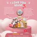 Mother's Day gift hamper with chocolates, plush bear, and a pink 'I Love Mum' balloon