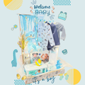 Baby shower gift hamper with baby clothes, plush toys, and assorted baby care items