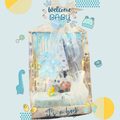 Baby shower gift hamper with baby clothes, plush toys, and assorted baby care items